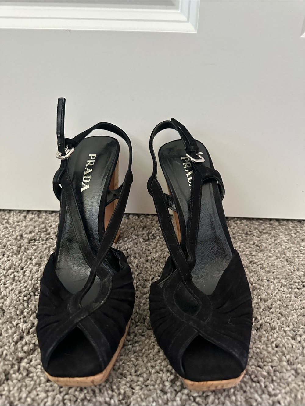 Prada Black Suede Crisscross Slingback Heels